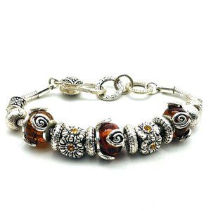 Embossed Bead Charm Bracelet Silver Tone Orange Accents Rhinestones Flowers